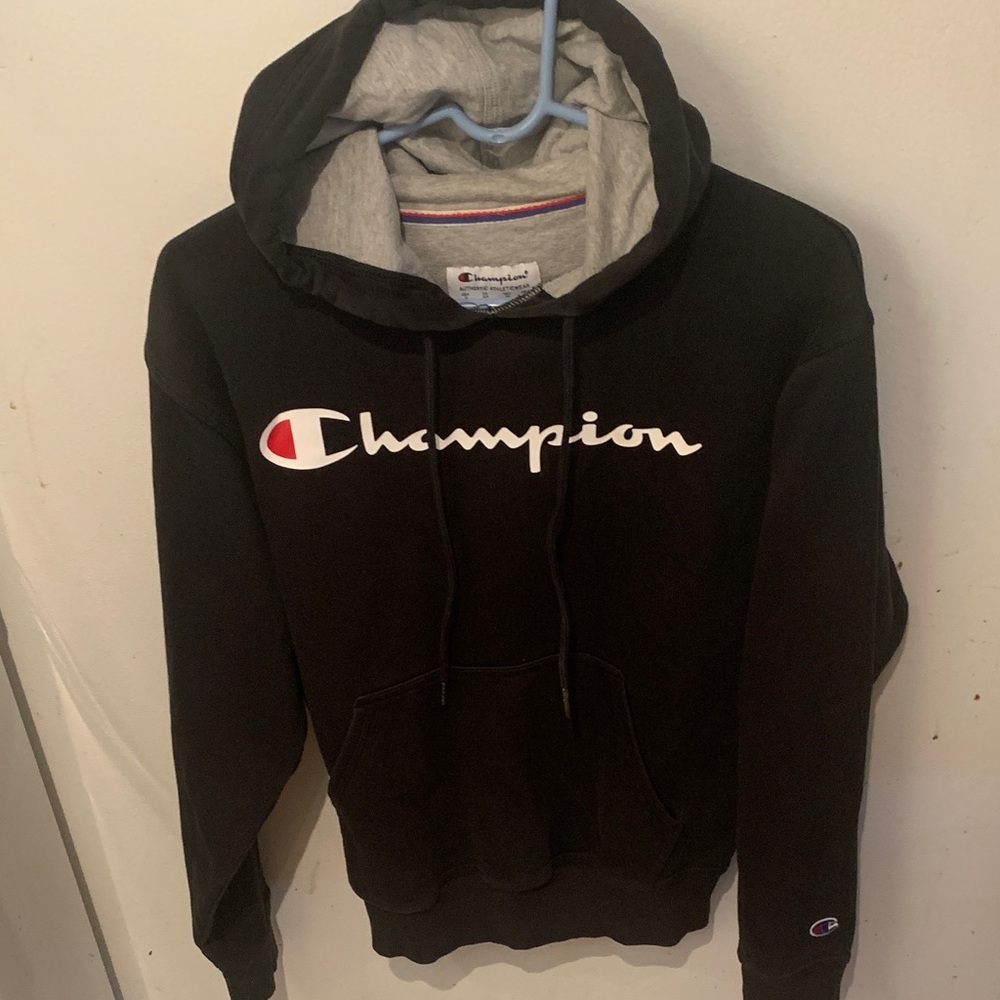 Sleek Champion Black and Grey 54/46 Cotton Blend Hoodie SZ Small